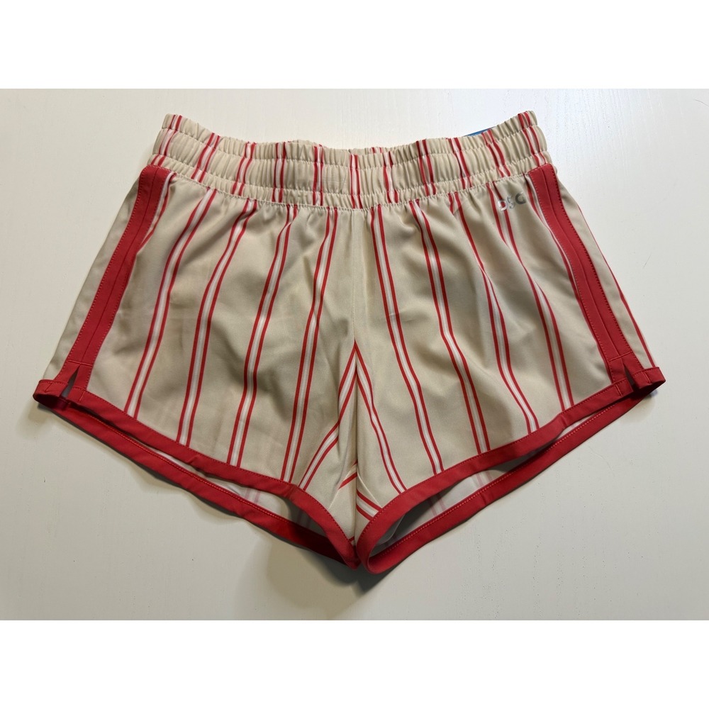 DSG Girls Mid-Rise Stride Shorts Tan Red Striped Athletic Gym XS 6-7 NWT